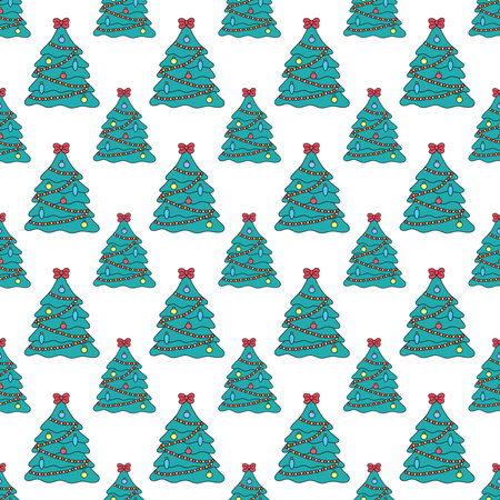 christmas tree pattern. Vector doodles seamless background with outline hand drawn Christmas holiday symbols. Xmas design elements. Doodle repeat illustration.のイラスト素材