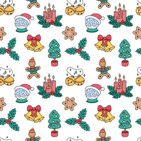 Christmas doodles seamless pattern. Vector white background with outline hand drawn Christmas holiday elements. Xmas design objects. Holly, tree, jingle bells. Doodle repeat illustration.のイラスト素材