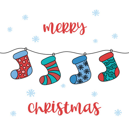 Funny Merry Christmas card. Hanging xmas socks. Vector cute colorful doodles. Outline hand drawn illustrations of isolated festive stockings for gifts on white backgroundのイラスト素材