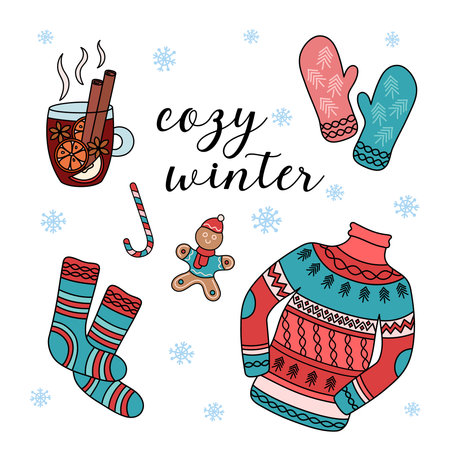 Cozy winter card. Warm clothes and mulled wine design elements. Vector set of colorful Christmas doodles. Outline hand drawn illustrations of isolated xmas objects on white backgroundのイラスト素材