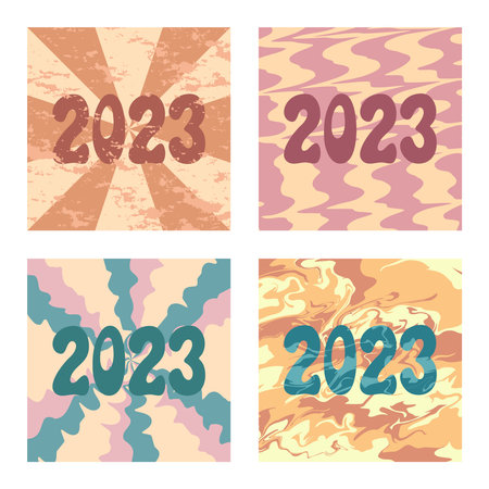 2023 numbers on abstract trippy backgrounds. Vector set of square trendy illustrations. Groovy, retro and psychedelic design. Social media 2023 post templates collectionのイラスト素材