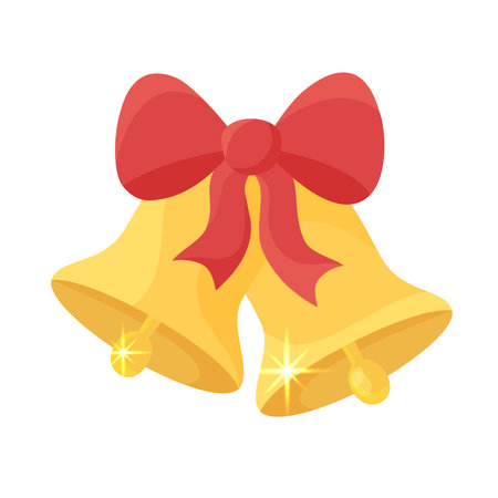 Christmas shiny golden bells with bow. Xmas design element isolated on white background. Flat vector illustration of two glowing holiday symbols.のイラスト素材