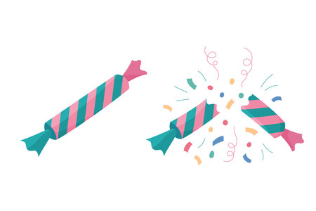 Christmas crackers set. Isolated flat vector illustration of whole and broken holiday candy crackers and confetti. Cute colorful Xmas, New Year and birthday design elementのイラスト素材