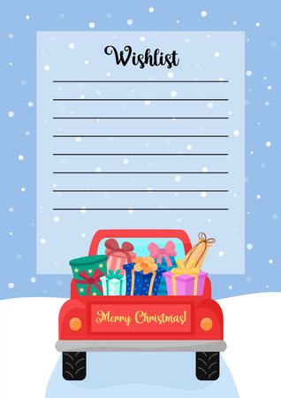 Christmas wishlist. Xmas wish list with copy space for writing. Car with gifts back view. Flat vector illustration. Letter to Santa Claus blank template.のイラスト素材