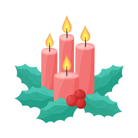 Christmas candles and holly leaves isolated. Flat vector illustration of four burning red candles and ilex leaf and berries. Composition of Christmas Advent symbol.のイラスト素材