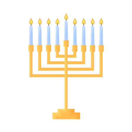 Hanukkah menorah isolated. Traditional Judaic Hanukah symbol. Jewish square candle holder with nine candles on white background. Flat vector illustration.のイラスト素材