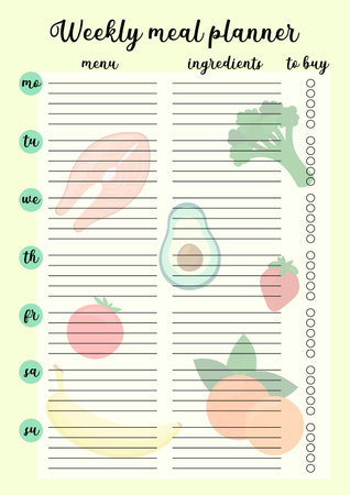 Weekly meal planner printable page. Vector template of daily cooking plan and shopping list. Illustration with food on backgroundのイラスト素材