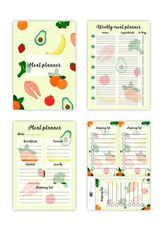 Meal planner book. Vector set of printable pages. Blank templates of weekly and daily cooking plan and shopping lists. Illustrations with food on backgroundのイラスト素材