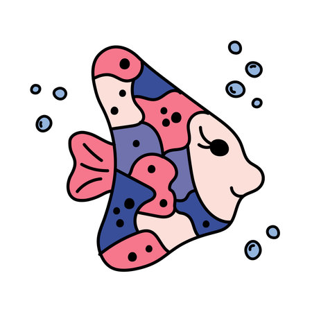 Cute unusial exotic fish isolated. Doodle vector illustration of cartoon outline sea abode for kids. Wild marine life in hand drawn styleのイラスト素材