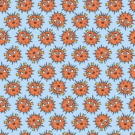 Blowfish pattern. Funny puffer fish seamless background. Cute colorful repeat vector illustration for kids.のイラスト素材