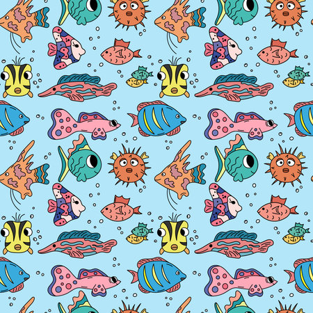 fish pattern. Ocean life seamless background. Cute colorful fish repeat vector illustration for kids. marine pattern.のイラスト素材