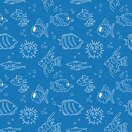 Fish doodle pattern. Marine seamless vector illustration. Blue and white two color background. ocean life.のイラスト素材