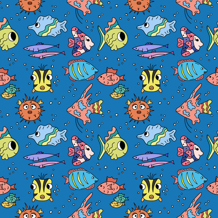 ocean pattern. Cute marine life seamless background with fish. Colorful repeat vector illustration for kids. sea pattern.のイラスト素材