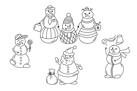 Cute snowmen doodles set. Vector collection of isolated cartoon outline snowman characters. Doodle black and white illustration for kidsのイラスト素材