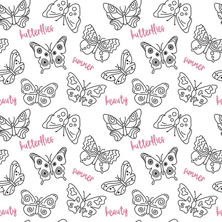 Butterflies pattern. Seamless background with doodle flying insects. Black and white print. Vector repeat illustration for designs, textile, fabric, wrapping paperのイラスト素材