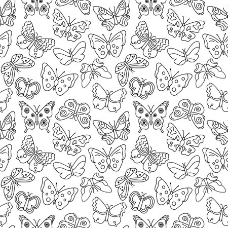 Butterflies pattern. Black and white seamless background with doodle flying insects. Vector repeat illustration for designs, textile, fabric, wrapping paperのイラスト素材