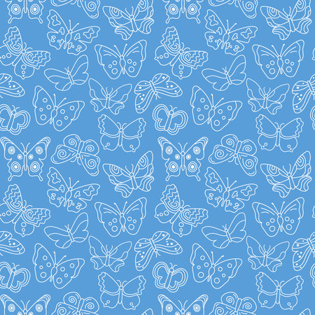 Cute butterfly pattern. Blue seamless background with white doodle flying insects. Monochrome print. Vector repeat illustration for designs, textile, fabric, wrapping paperのイラスト素材