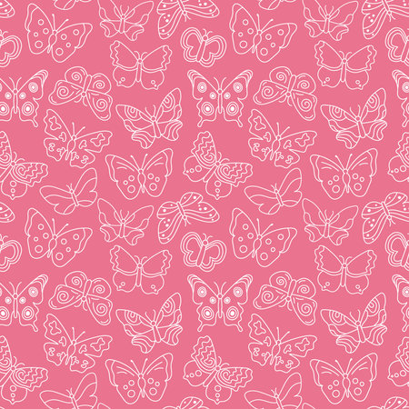 Cute butterfly pattern. Seamless background with white doodle flying insects. Monochrome print. Vector repeat illustration for designs, textile, fabric, wrapping paperのイラスト素材