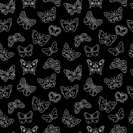 Butterflies doodle pattern. Seamless background with outline flying insects. Black and white print. Vector repeat illustration for designs, textile, fabric, wrapping paperのイラスト素材