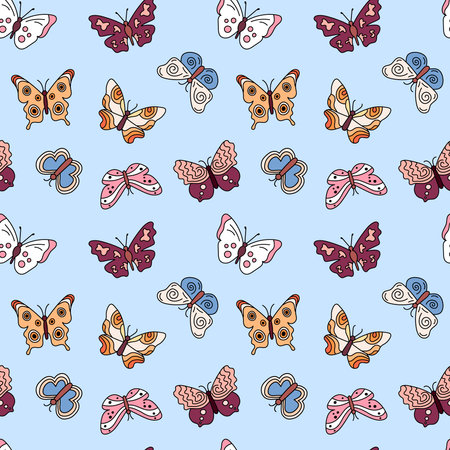 Butterflies boho pattern. Seamless background with doodle flying insects. Colorful print. Vector repeat illustration for designs, textile, fabric, wrapping paperのイラスト素材