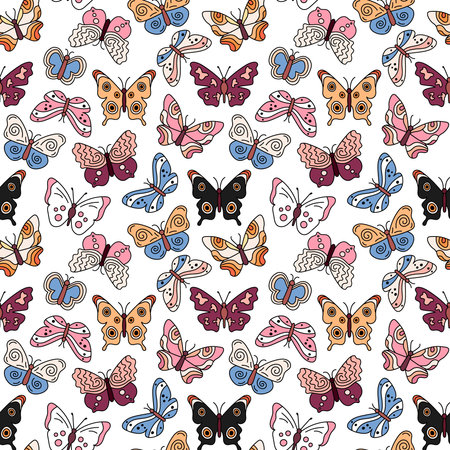 Butterflies boho pattern. Seamless white background with colorful doodle flying insects. Retro print. Vector repeat illustration for designs, textile, fabric, wrapping paperのイラスト素材