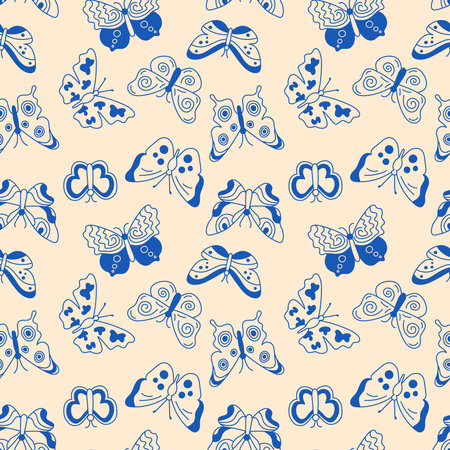 Butterflies pattern. Seamless background with doodle flying insects. Vector repeat illustration for designs, textile, fabric, wrapping paperのイラスト素材