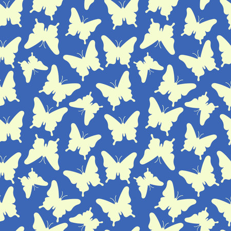 Makhaon butterflies silhouettes pattern. Seamless background with beautiful flying insects. Blue and yellow print. Vector repeat illustration for designs, textile, fabric, wrapping paperのイラスト素材