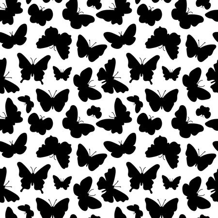 Butterflies silhouettes pattern. Black and white print. Seamless background with flying insects. Vector repeat illustration for summer and romantic designs, textile, fabric, wrapping paperのイラスト素材