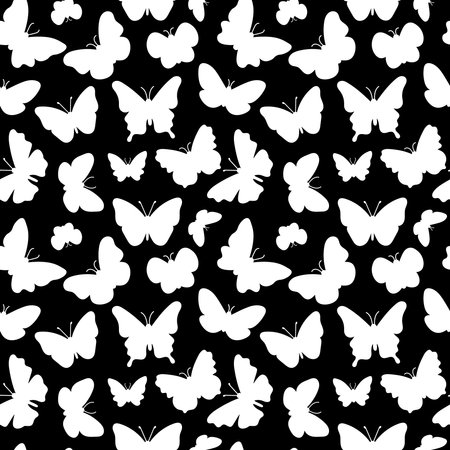 Butterfliy silhouettes pattern. Black and white print. Seamless background with butterflies flying insects. Vector repeat illustration for summer and romantic designs, textile, fabric, wrapping paperのイラスト素材