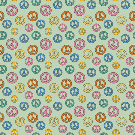 Peace symbols pattern. Seamless background with signs of peace. Pacifistic pattern. Colorful hippie print. Groovy doodle design. Vector illustrationのイラスト素材