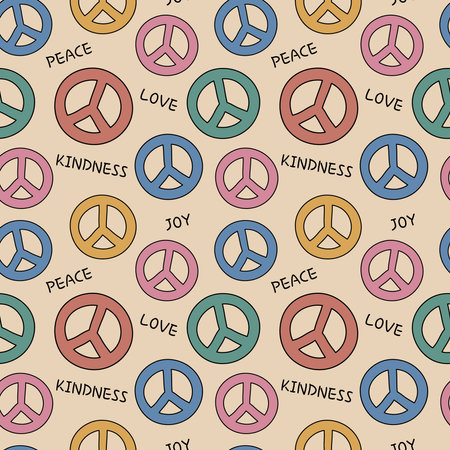 Groovy hippie pattern. Peace symbols. Seamless background with signs of peace. Pacifistic pattern. Colorful hippie print. Doodle design. Vector illustrationのイラスト素材