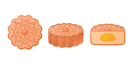 Mooncake isolated. Traditional dessert in East Asia. Chinese moon cakes set. Whole and cut in half pie with egg yolk. Vector illustration on white background.のイラスト素材