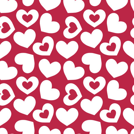 Cute heart pattern. Seamless Valentine's day background with white symbols of love on red backdrop. Viva magenta color. vector illustration.のイラスト素材