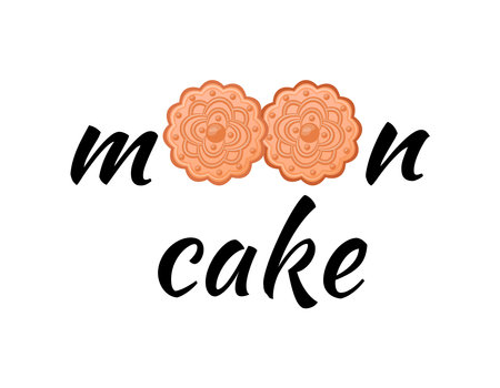 mooncake word. Vector illustration of traditional dessert in East Asia. Chinese moon cakes and text isolated. Creative flat design on white background.のイラスト素材