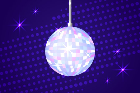 Shiny disco ball on dark blue background. Glowing colorful discoball. nightclub party equipment. Luminous mirror ball.の写真素材