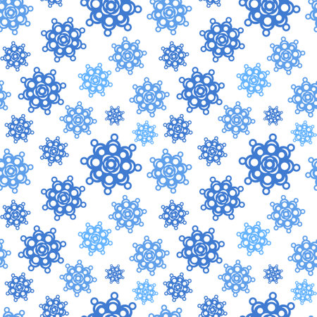 Snowflake pattern. Vector seamless white background with cute blue snow flakes. Snowfall repeat illustration. Winter decoration.のイラスト素材