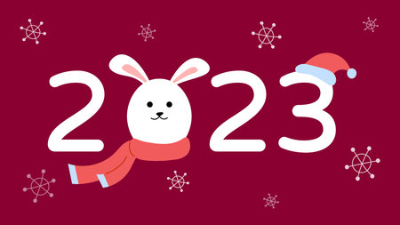 2023 Year of rabbit. New Year banner with cute cartoon hare ih scarf. vector illustration. Numbers 2023 with adorable bunny face on red background.のイラスト素材