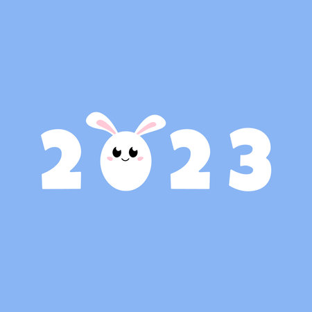 Rabbit 2023 Year. Cute kawaii bunny illustration. New Year of Hare vector card. Numbers 2023 with smiling bunny face on blue background.のイラスト素材