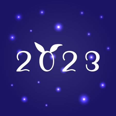 2023 year of Rabbit. Vector square New Year card. Illustration of shiny 2023 numbers with cute hare ears. Glowing stars background.の写真素材