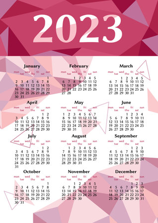 2023 calendar. Geometric low poly design. Calendar 2023 in English. Week starts on monday. A4 vertical page.のイラスト素材