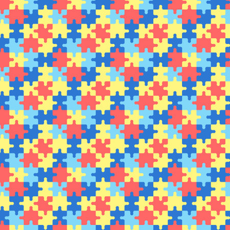 Colorful autism pattern with puzzle pieces. Seamless background with yellow, blue and red puzzles. World Autism Awareness Day April 2. Vector illustration.のイラスト素材
