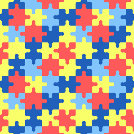 Autism puzzle pattern. Seamless background with colorful yellow, blue and red puzzle pieces. World Autism Awareness Day April 2. Vector illustration.のイラスト素材