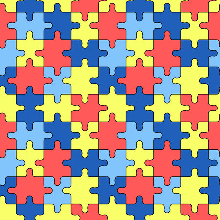 Autism puzzle pattern. Seamless background with outline colorful yellow, blue and red puzzle pieces. World Autism Awareness Day April 2. Vector illustration.のイラスト素材