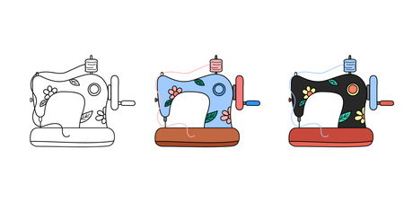 Sewing machine doodles set. Vector illustration of cute handdrawn vintage tailoring machines. Outline, blue and black. retro sewing elements.のイラスト素材