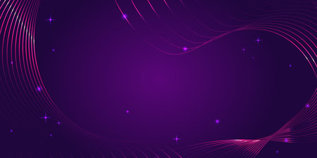Abstract purple background. Rectangular banner template with shiny wave lines. Glowing decor elements. Background with copy space. Vector illustrationの写真素材
