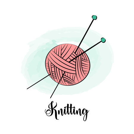 Knitting. Ball of wool and two needles stuck into it. Symbol of knitting. Cute hand drawn handicraft design element. handmade hobby.のイラスト素材