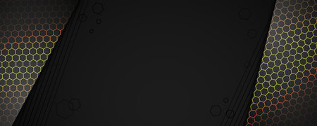 Abstract dark banner. Shiny black background with glowing hexagon shapes patterns. Vector geometric backdrop.のイラスト素材