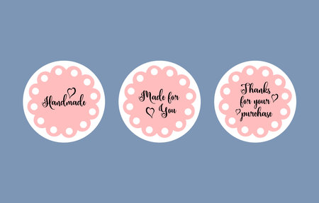 Handmade, Thanks for your purchase, Made for you with love. Cute stickers set. Product labels. Business stickers for customer from individual entrepreneurのイラスト素材