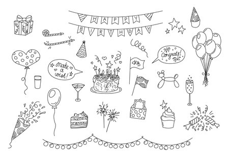 Birthday party doodles set. Vector black and white hand drawn kid birthday elements isolated. Scribble outline objects cake, party hat, cracker, balloons. Illustration.のイラスト素材
