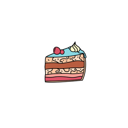 Cake piece doodle. Vector colorful hand drawn food. Kid birthday treat cut cake. Scribble outline illustration.のイラスト素材